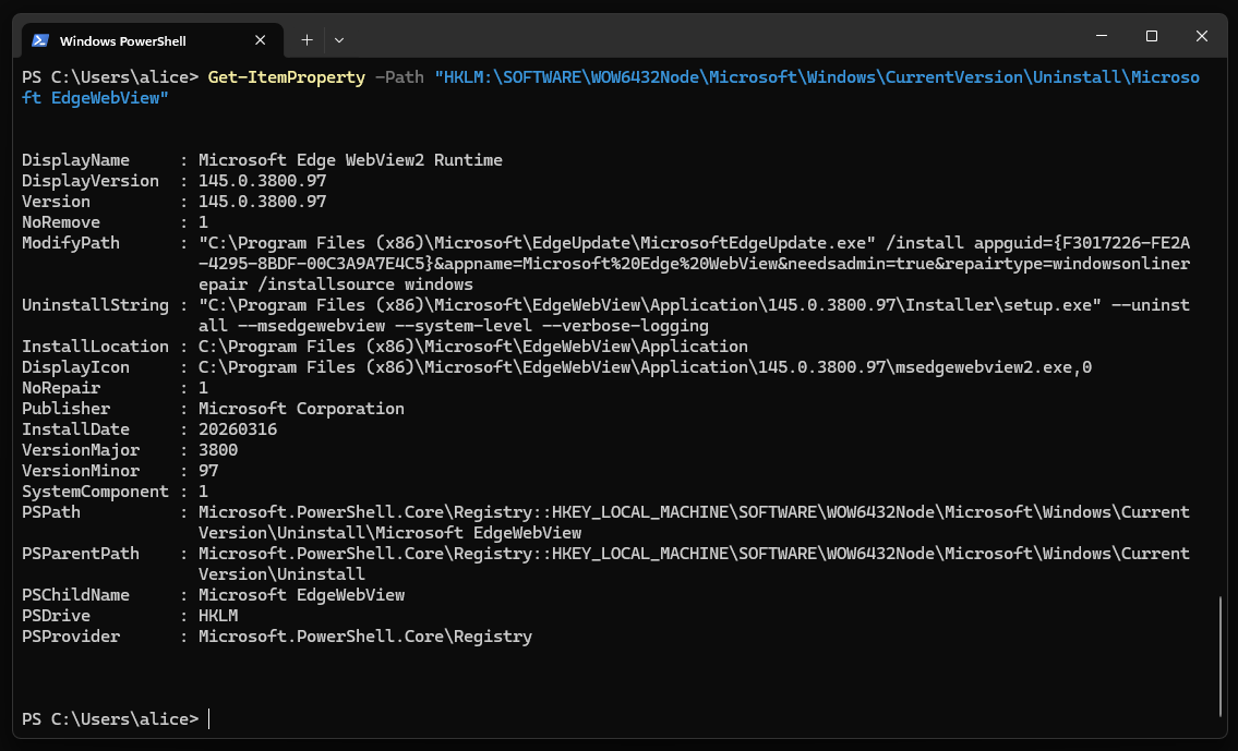 获取 Microsoft Edge WebView2 Runtime 卸载器的安装状态